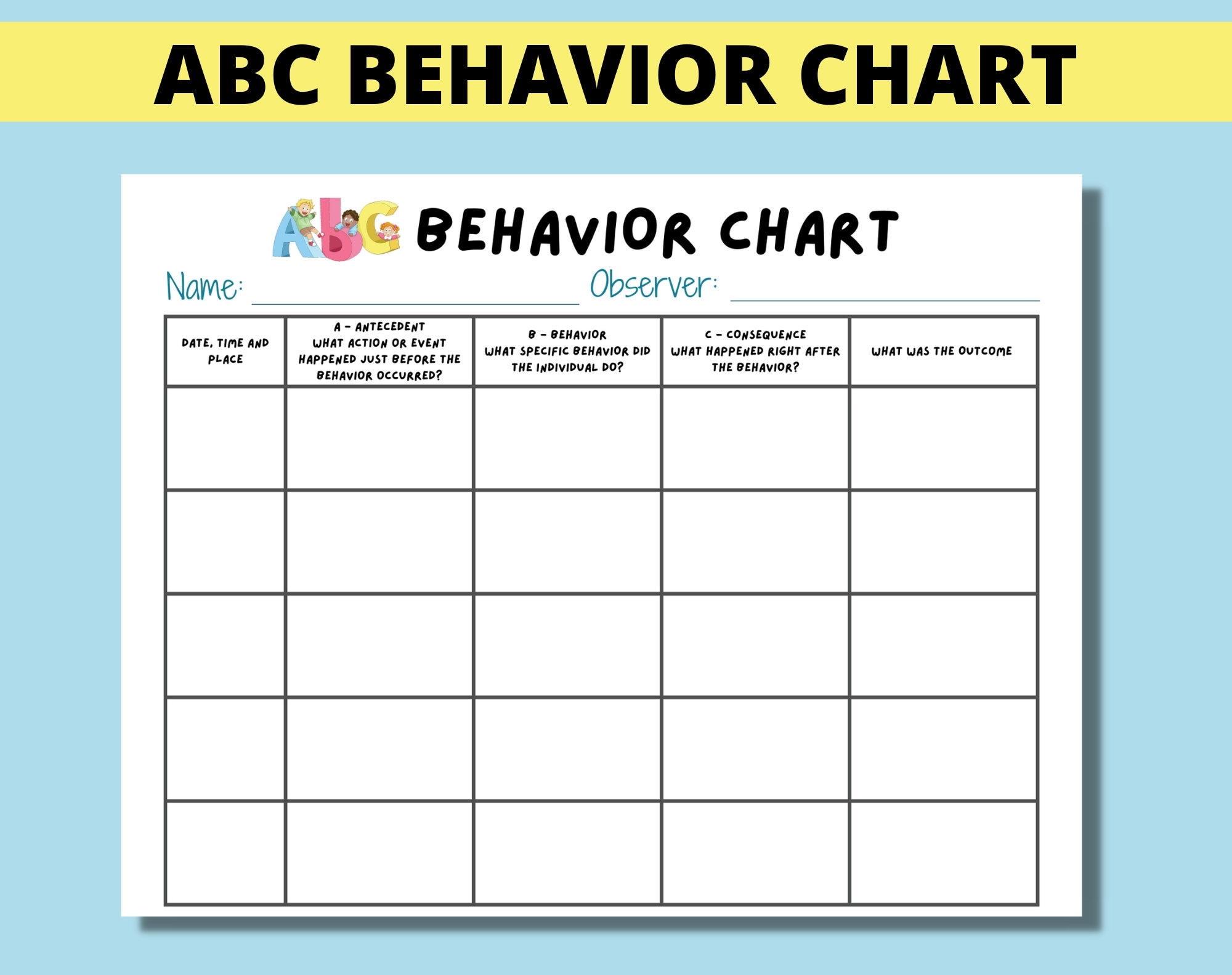 ABC Behavior Chart Printable For Kids Parents Classroom ABC Behavior Consequence Analysis Antecedent Behavior Consequence Chart Etsy Australia