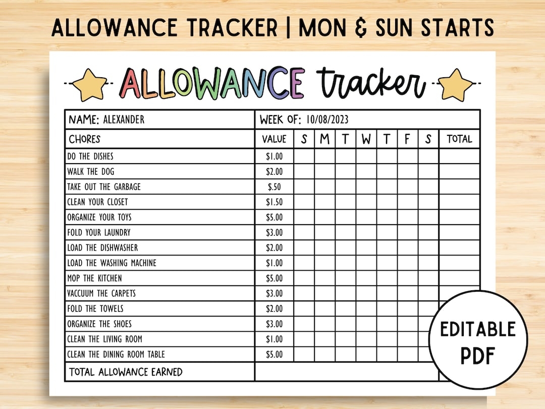 Allowance Chart Editable Pdf Chore Chart For Kids Family Chore Chart Teen Chore Chart Child Chore Chart Money Chore Chart Tracker Etsy