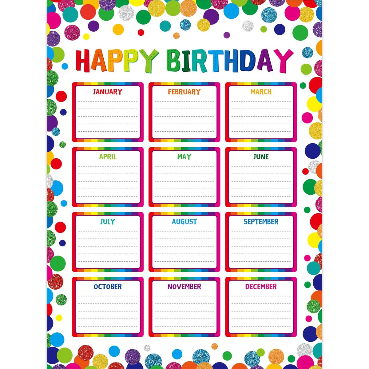 Amazon Classroom Birthday Chart With 20 Glue Dots Reusable Happy Birthday Poster Confetti Classroom Decoration Dry Erase Wall Calendar Laminated Bulletin Board Decor School Supplies 12 6 X17 Office Products