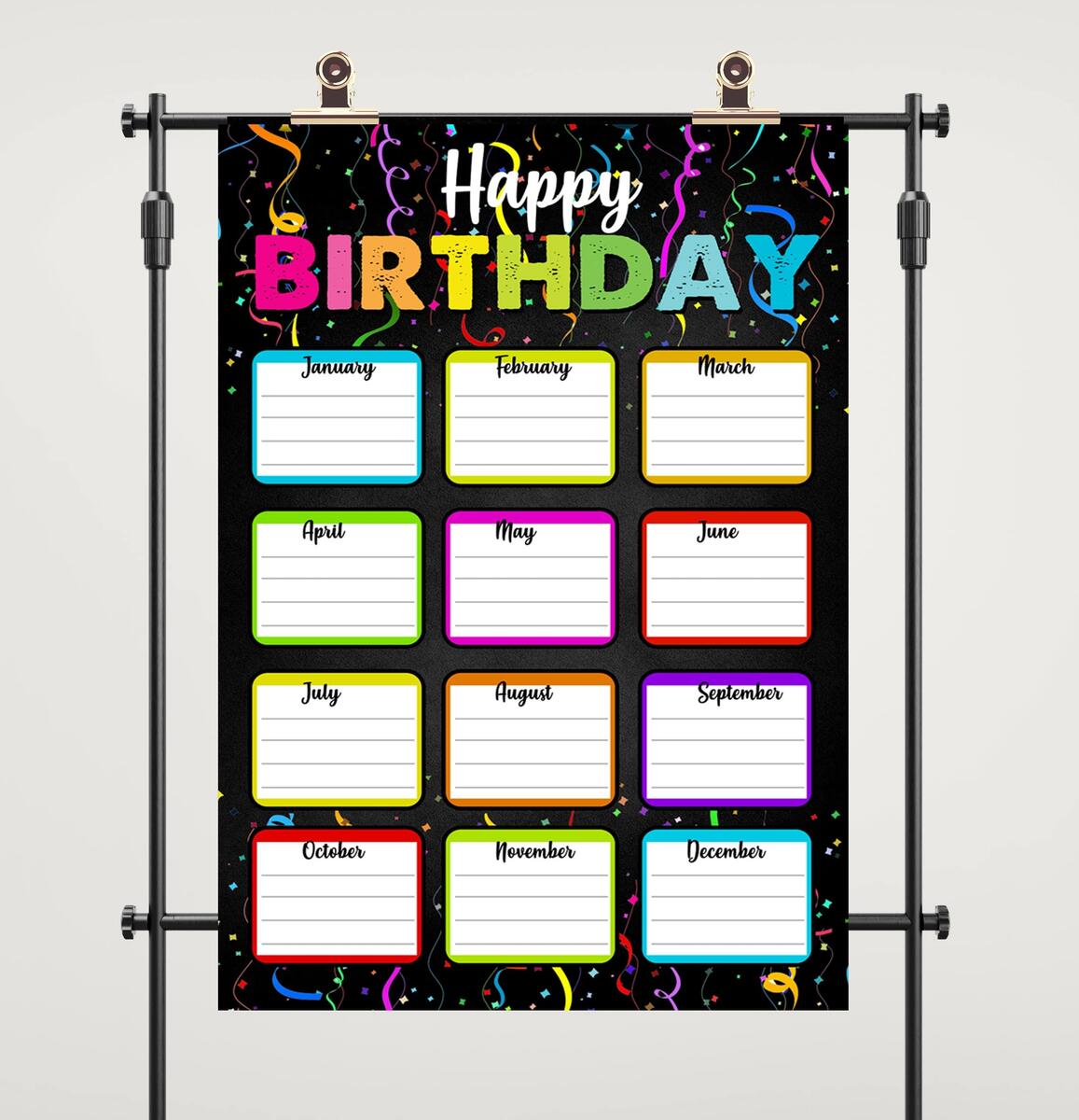 Amazon Classroom Birthday Chart With 20 Glue Dots Reusable Happy Birthday Poster Confetti Classroom Decoration Dry Erase Wall Calendar Laminated Bulletin Board Decor School Supplies 12 6 X17 Office Products