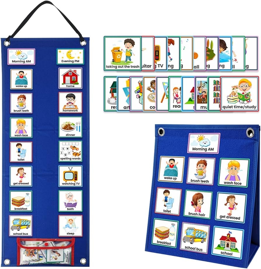 Amazon Ihvewuo S9A Kid Visual Schedule Hanging Visual Planner Chore Chart With 70 Cards Magnetic Children Learning Calendar Chart Morning Bedtime Routine Chart Wall Planner For Boys Girls Blue Office Products