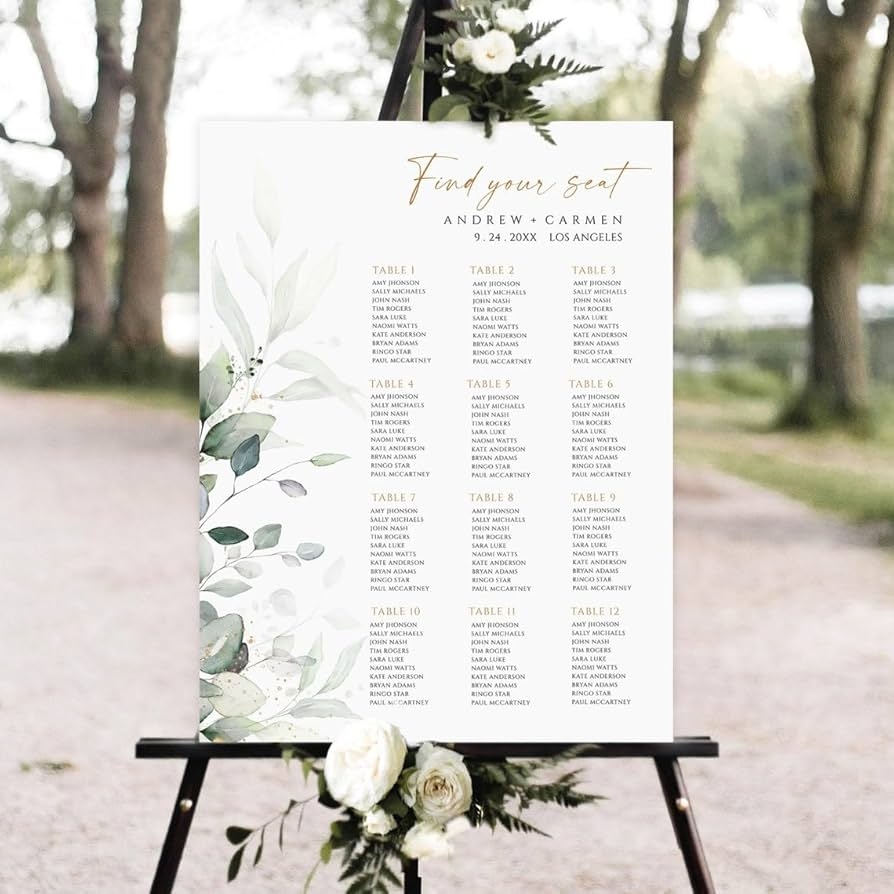 Amazon Personalized Wedding Guest Seating Chart Custom Guest List And Seating Table Chart Greenery Wedding Seating Chart Template Eucalyptus Wedding Seating Printable Wedding Seating Chart Sign Wedding Seating Plan Patio