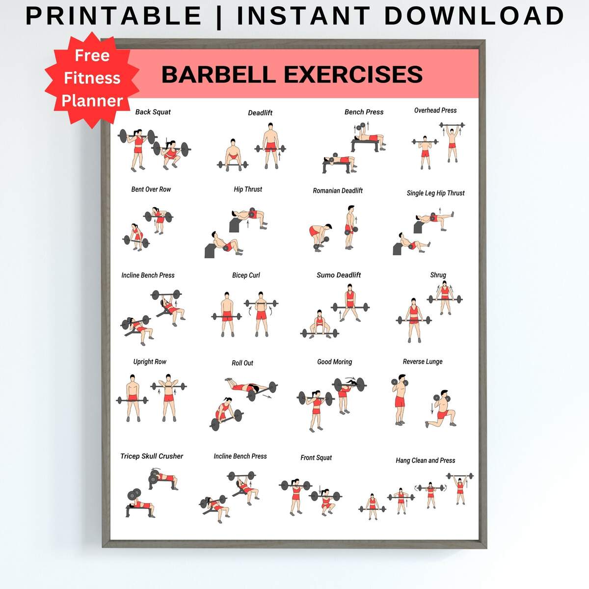 Barbell Workout Chart Barbell Exercises Fitness Print Digital Download Etsy Canada