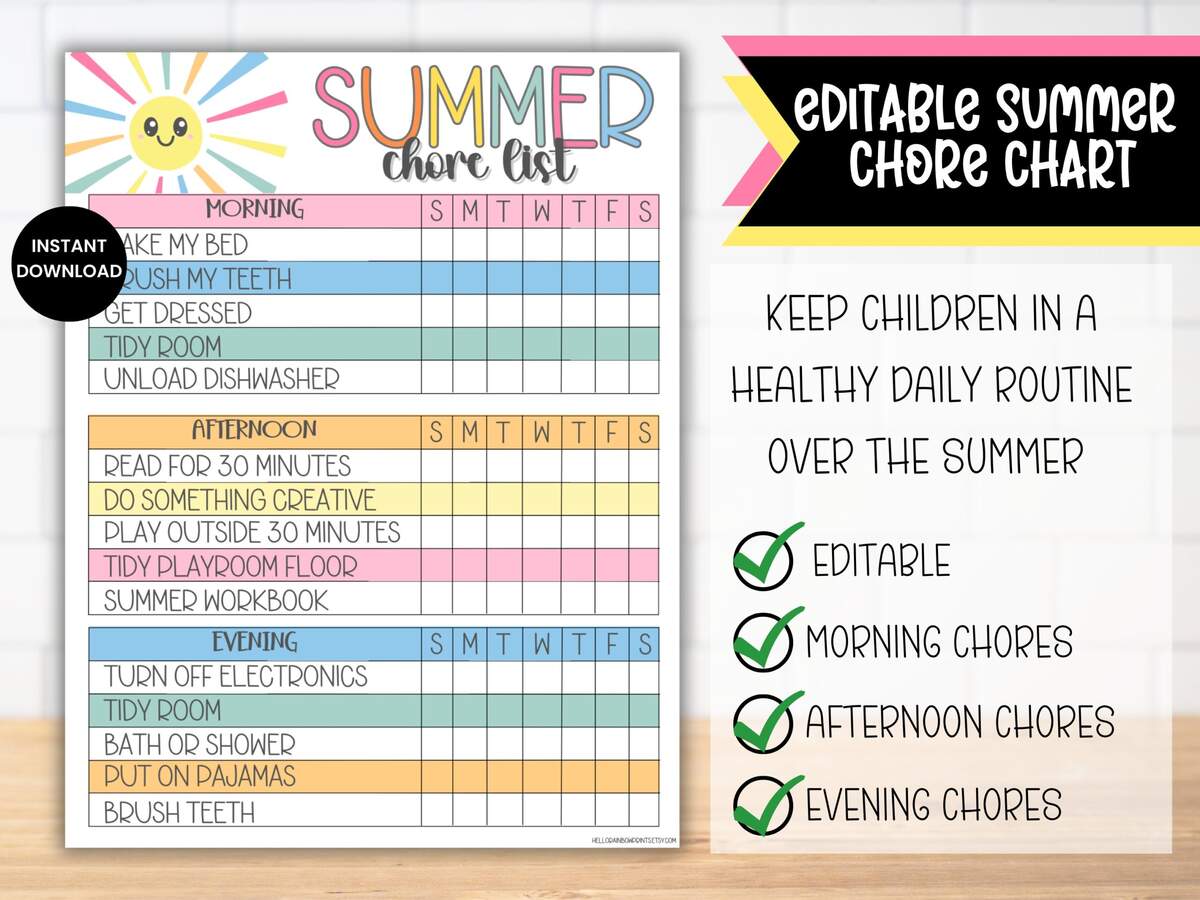 Kids Summer Chore Chart For All Ages Free Printable