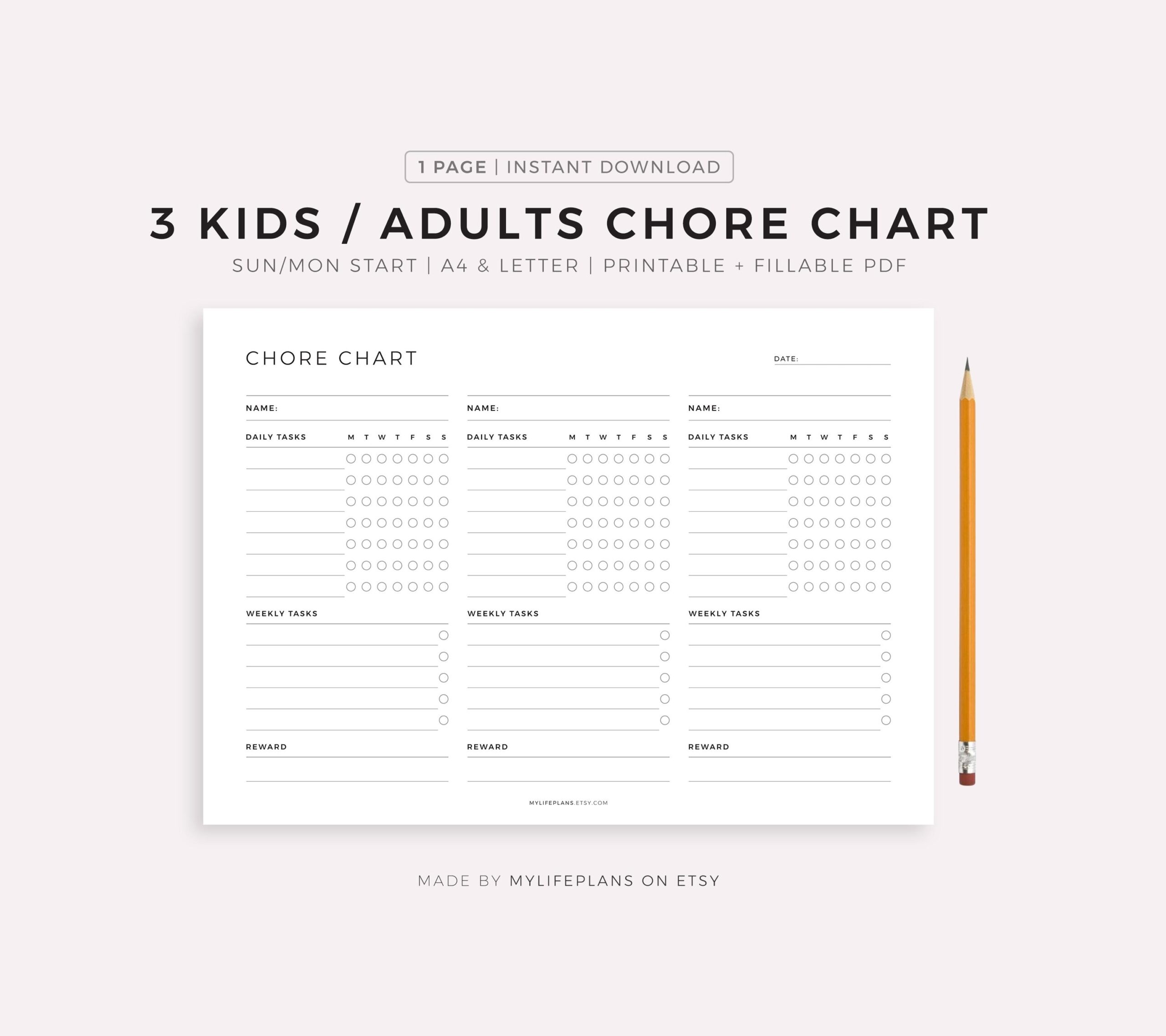 Chore Chart For 3 Kids Adults Printable Template Weekly Household Chores House Responsibilities A4 A5 Letter Half Instant Download Etsy Israel