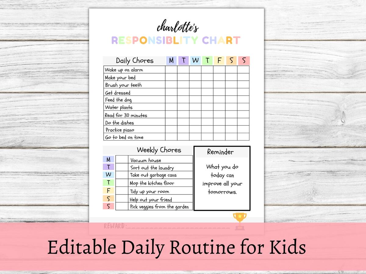Chore Chart For Kids Daily Weekly Routine Printable Responsibility Chart Personalized Chore Chart Printable Editable Homeschool PDF Etsy