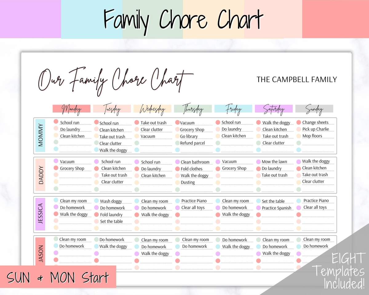 Colorful Family Chore Chart Editable Family Planner Printable Weekly Family Schedule Family Calendar Command Center Household Kid Adult Etsy Israel