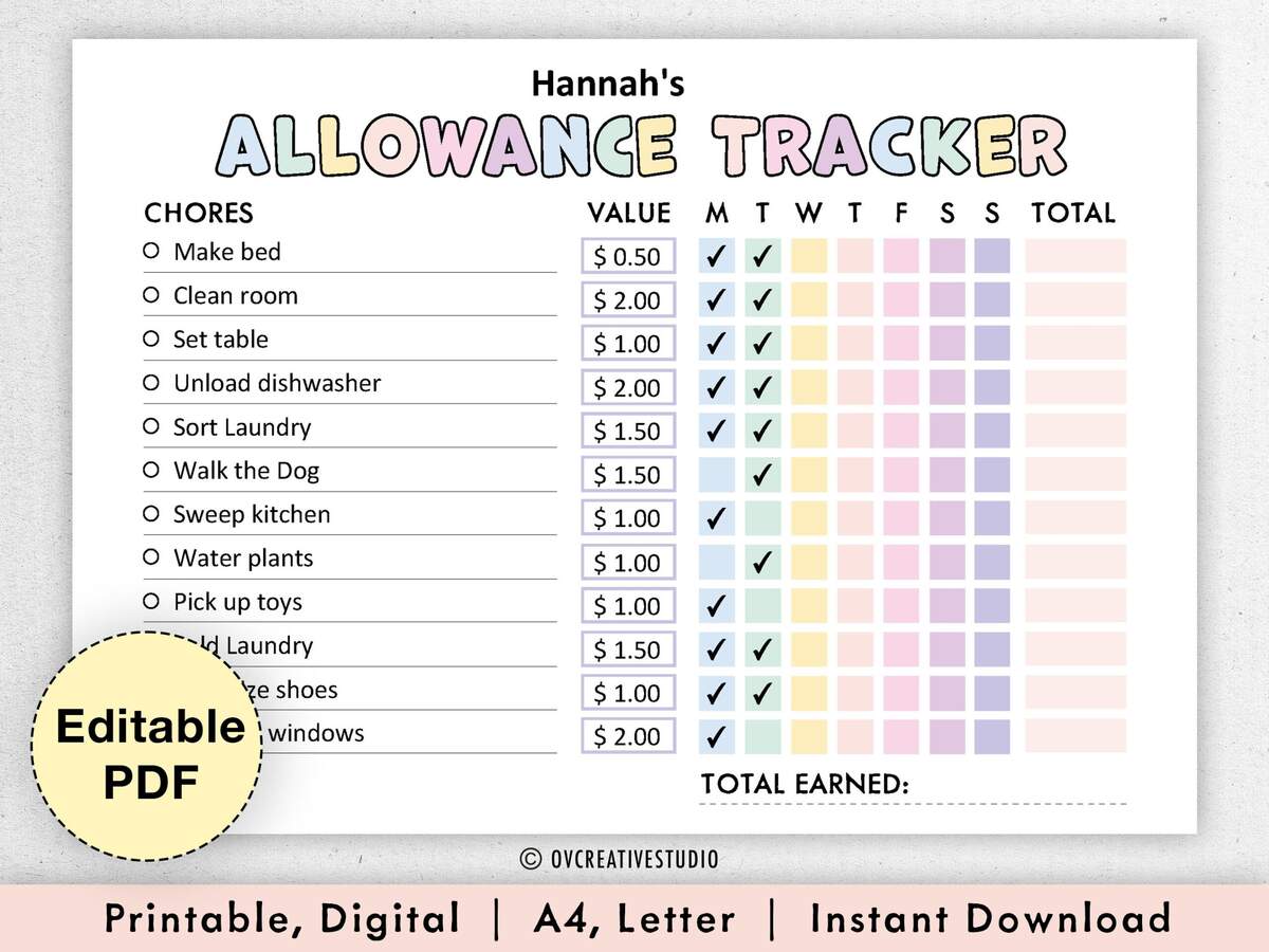 Allowance Chart Editable Pdf Chore Chart For Kids Family Chore Chart Teen Chore Chart Child Chore Chart Money Chore Chart Tracker Etsy