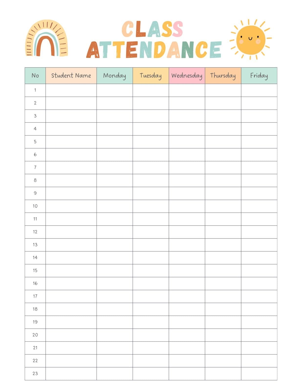 Editable Class Attendance Sheet Rainbow Theme Printable Teacher Attendance Tracker 8 5x11 Etsy