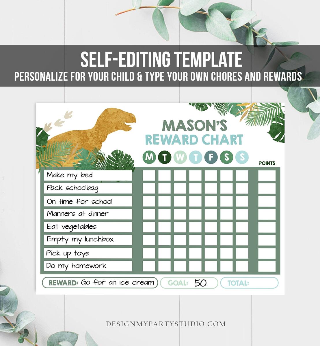 Editable Dinosaur Reward Chart For Boys Printable Dino Chore Chart For Kids Chores T Rex Blue Routine Chart Printable Template Corjl 0146 Etsy