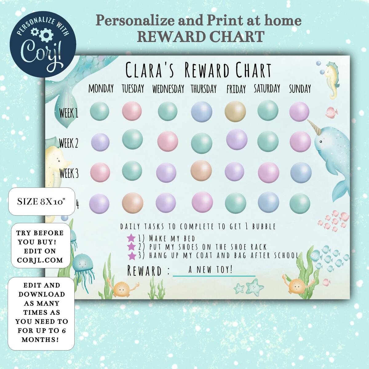 EDITABLE Reward Chart Under The Sea Themed Reward Chart Personalize And Edit On CORJL Mermaid Behavior Chart Reward Chart For Little Kid Etsy
