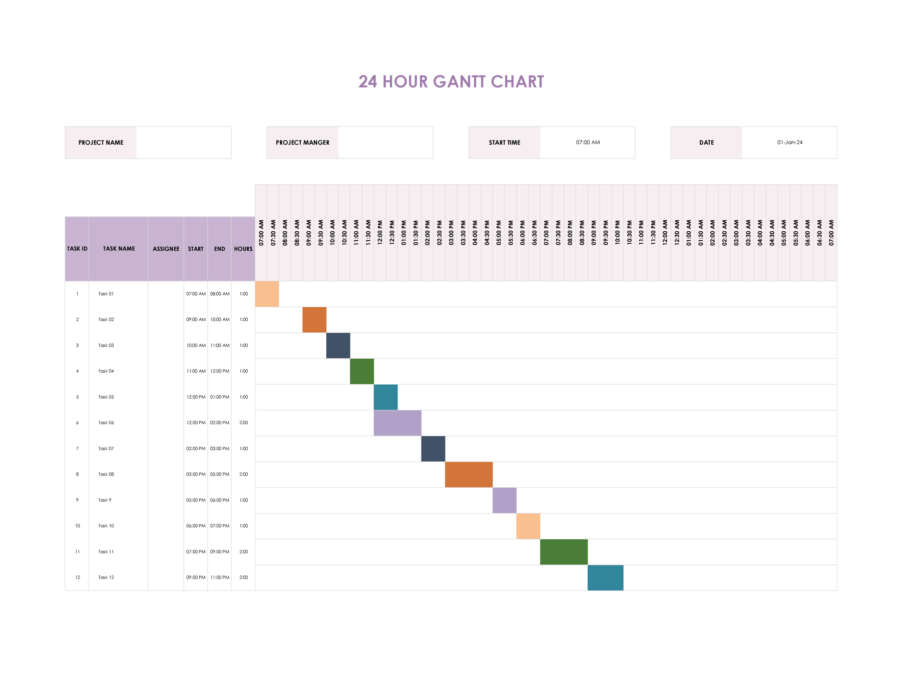 Free 24 Hour Gantt Chart Template Excel GSheets WordLayouts