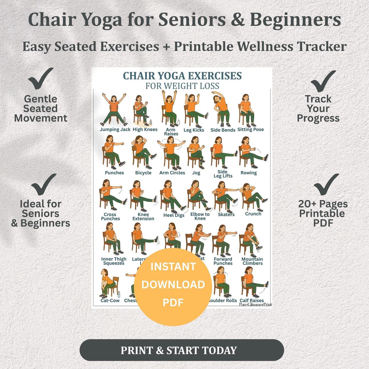 Free Printable Chair Exercises Chair Yoga Pose Poster Yoga Chart Yoga Chair Exercise Chart Prints