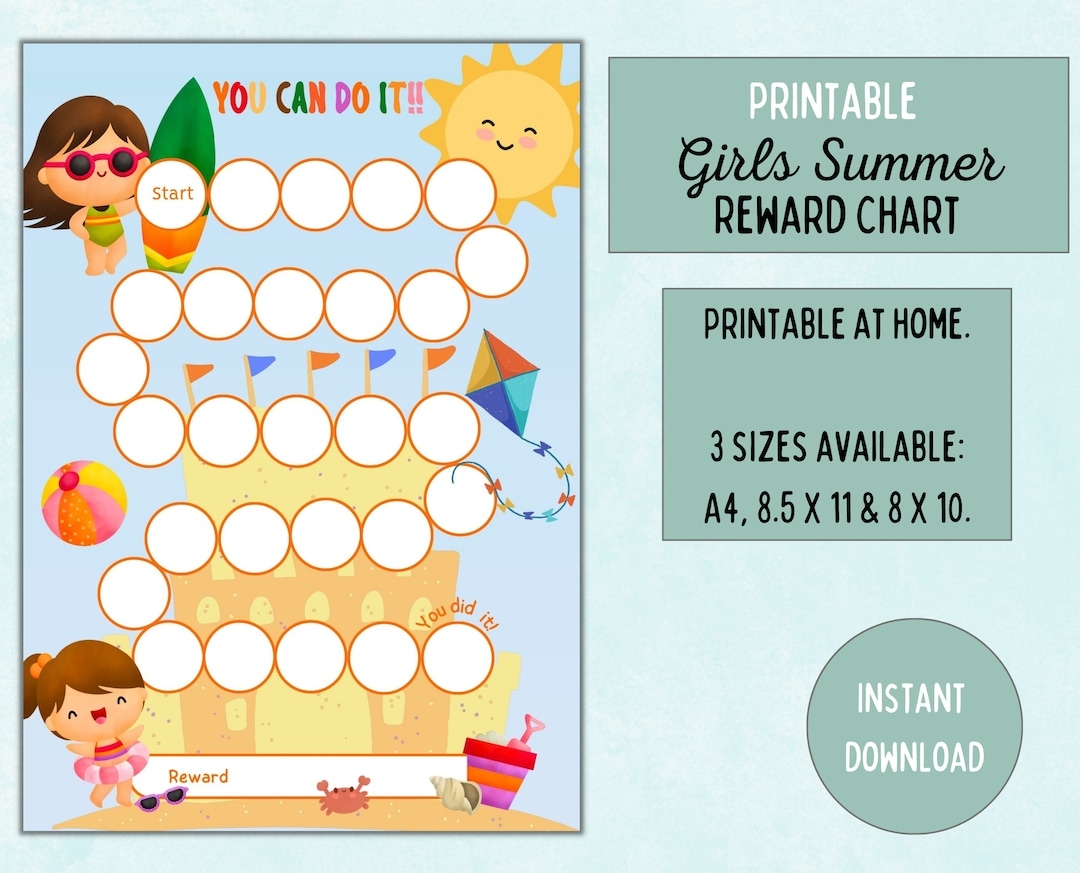 Girls Summer Reward Chart Beach Theme Chore Behavior Tracker Digital Download Etsy
