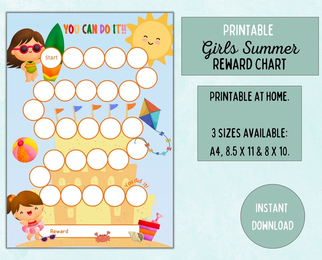 Girls Summer Reward Chart Beach Theme Chore Behavior Tracker Digital Download Etsy