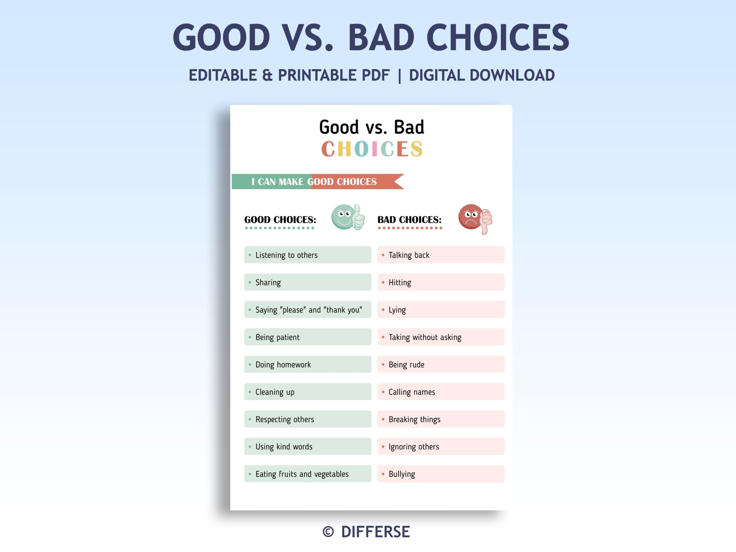 Good And Bad Choices Positive And Negative Behavior Behavior Chart Calm Down Corner Behavior Management Behavior Sorting Etsy Australia