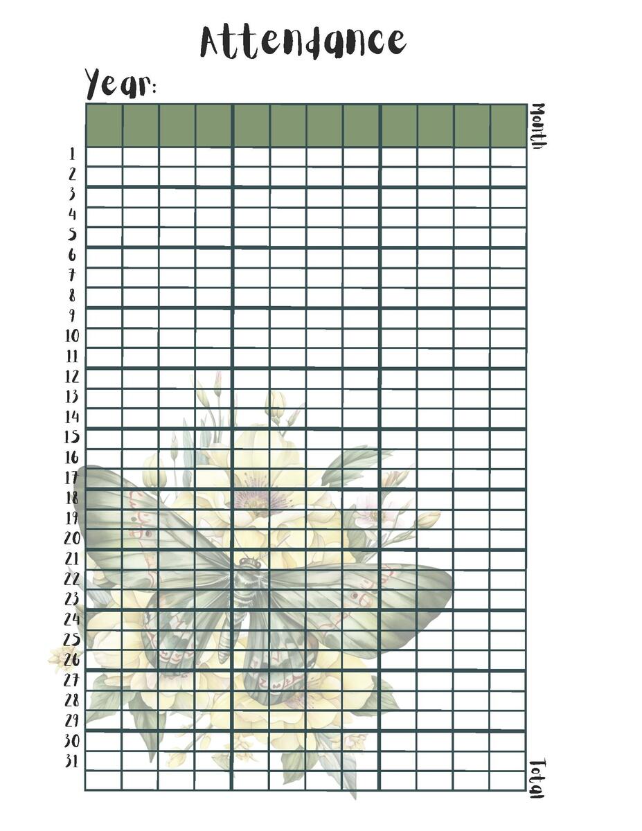 Homeschool Attendance Tracker Moth Printable manual Fillable PDF Works With All PDF Readers Etsy