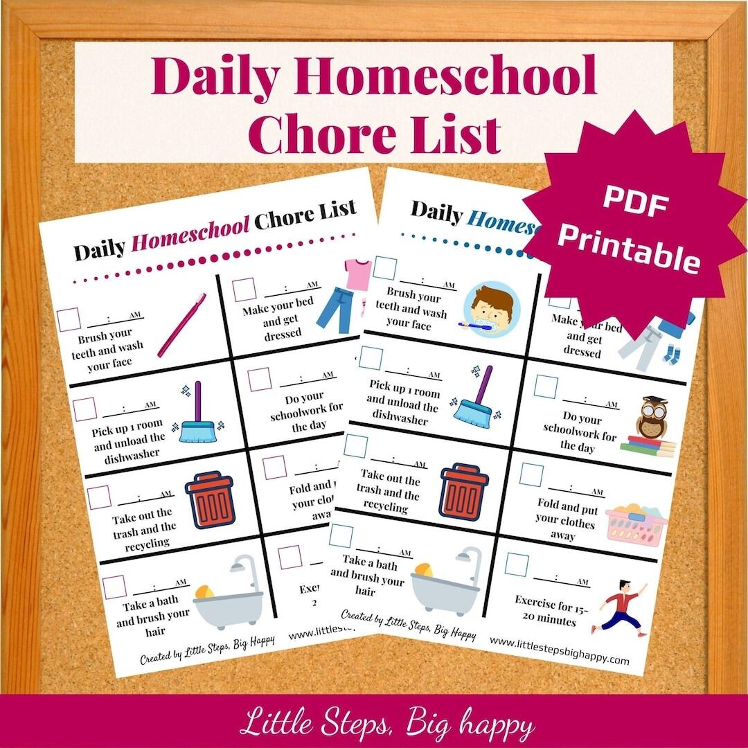 Homeschool Chore Chart For Kids Daily Checklist With Pictures PDF Printable Etsy