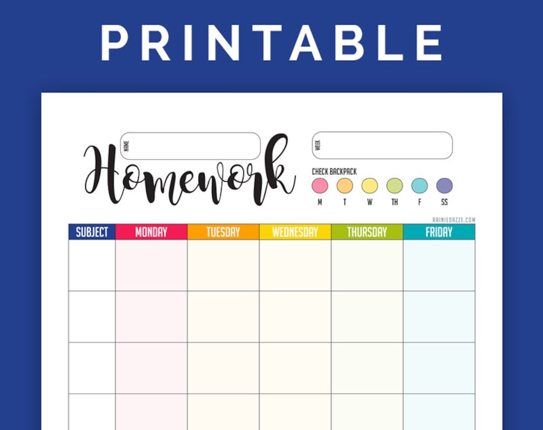 Homework Chart Printable PDF Portrait Letter Size Etsy