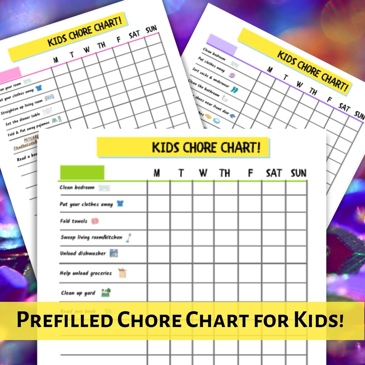 Kids Chore Chart For Kids Printable Colorful With Pictures And Words Chores To Earn Money Digital Download Prefilled With Chores Etsy