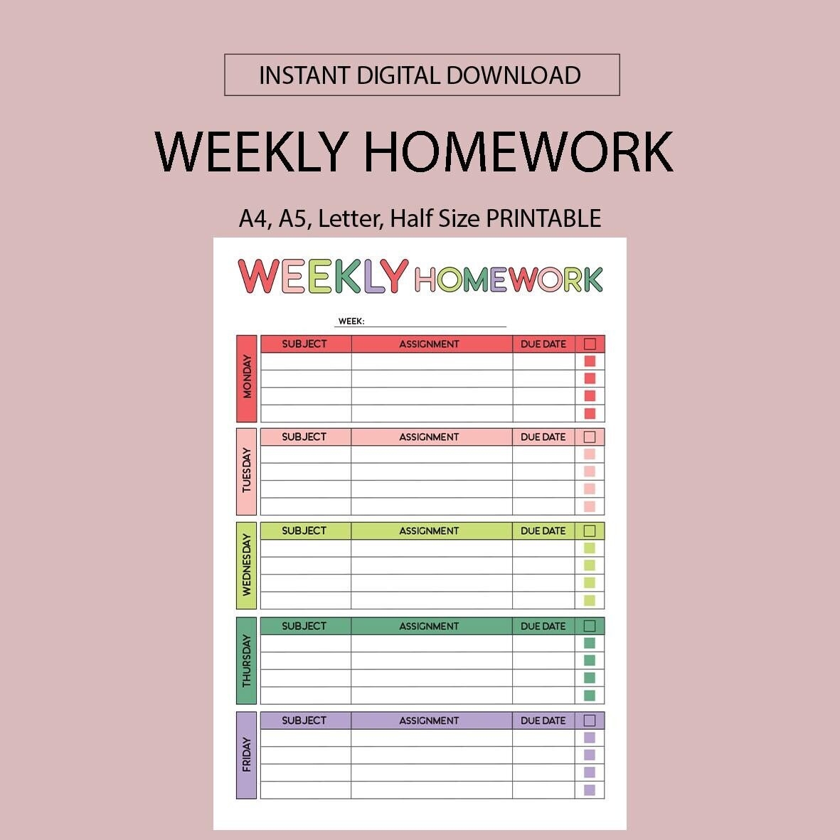 Kids Weekly Homework Schedule Printable digital Download Etsy
