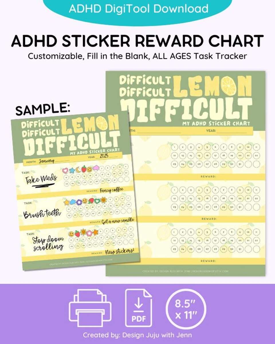 Lemon Difficult ADHD Habit Tracker Reward Sticker Chart Digital Download For Teens Adults Printable PDF Executive Function Etsy