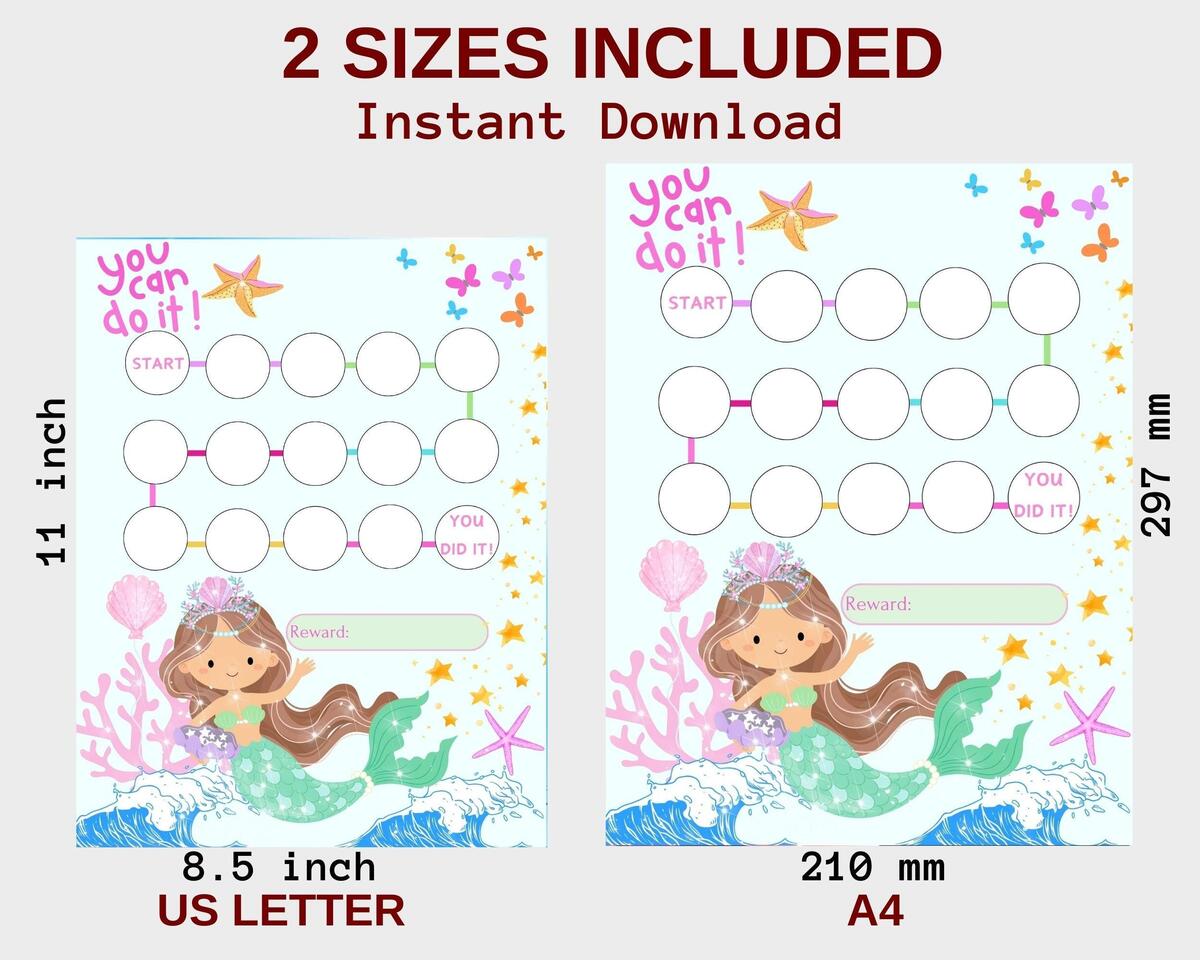 Mermaid Reward Chart For Kids Printable Potty Training Reading Behavior Tracker Digital Download Etsy Canada