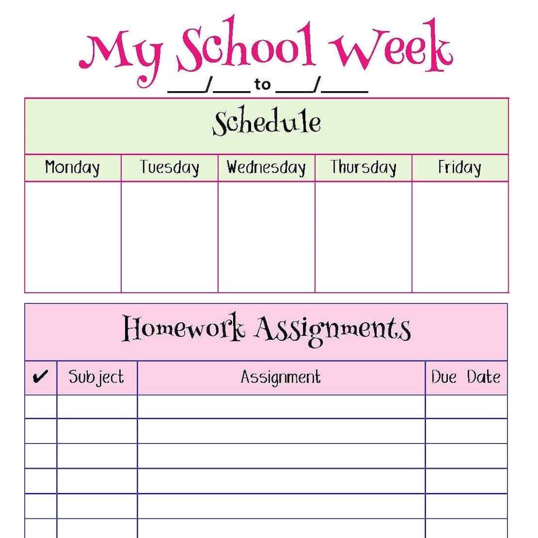 My School Week Homework Planner Etsy My School Week Homework Planner Etsy