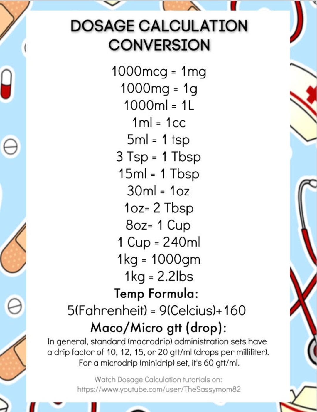 Nursing Student Dosage Calculations Conversion Sheet Plus FREE Video Tutorials Etsy