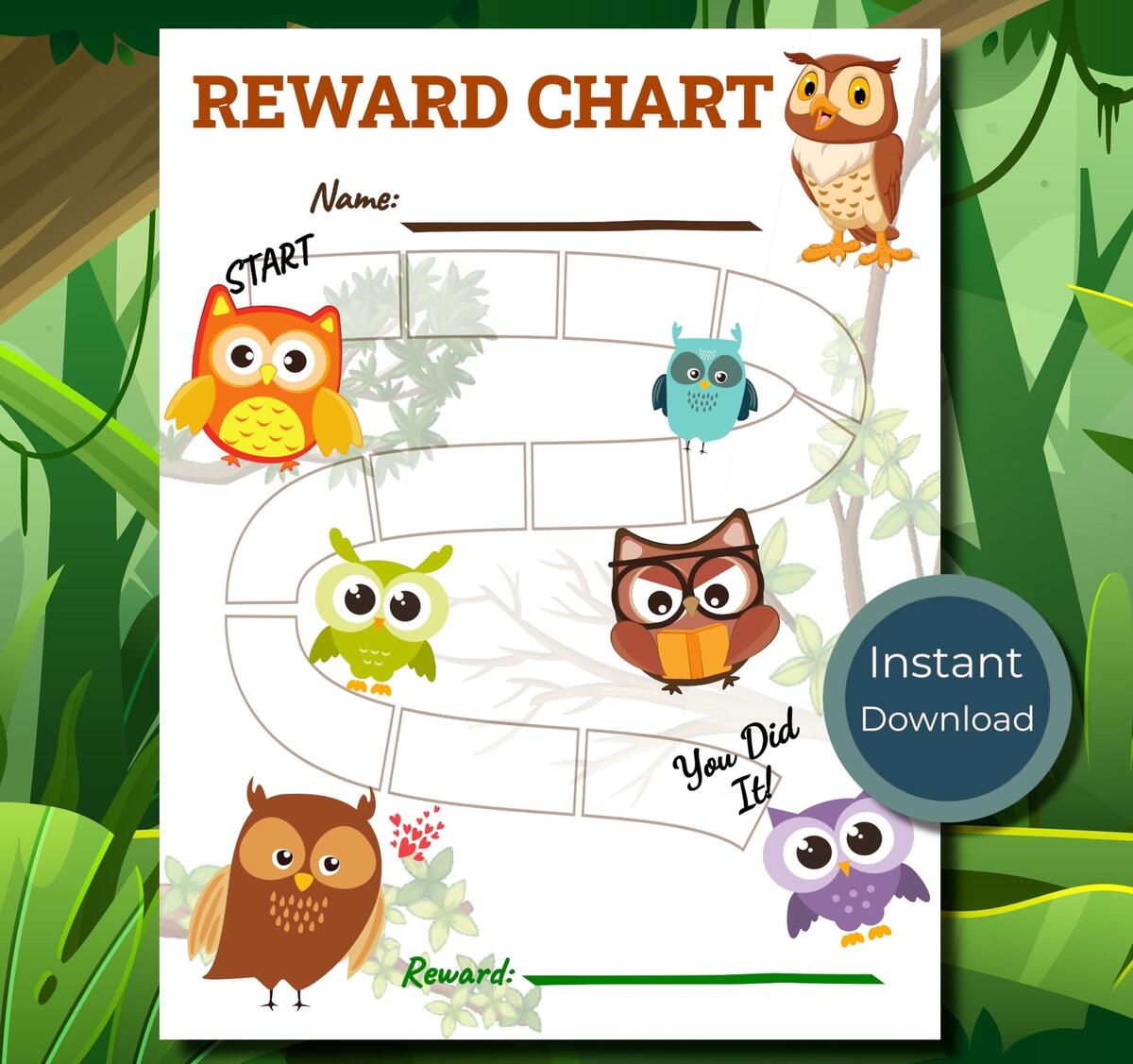 Owl Reward Chart Kids Girl Boy Tracker Chore Encouragement Potty Fun Instant Jungle Wize Teacher Tree Bird Hoot Wise Prey Behavior Bedtime Etsy