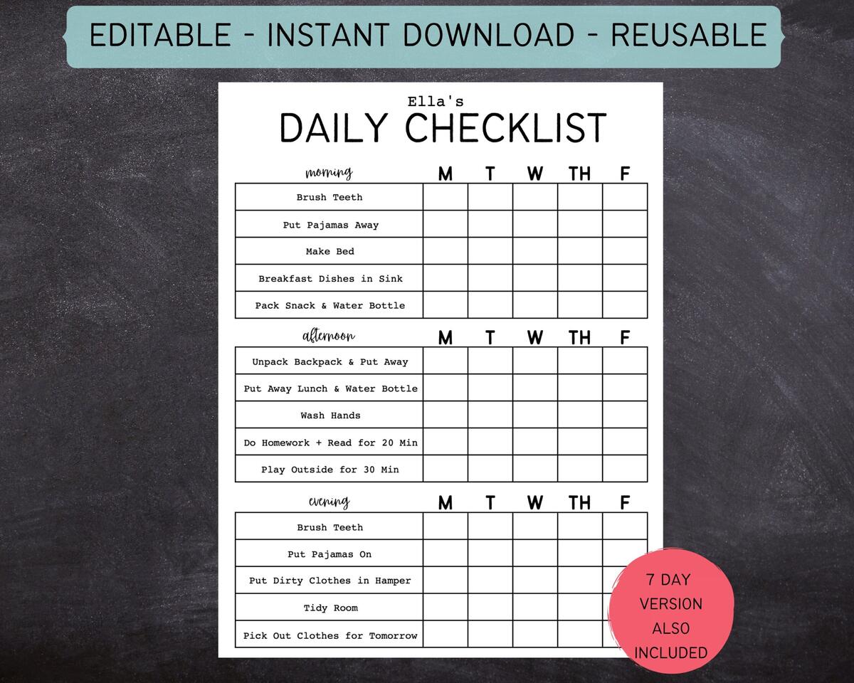 Printable Editable Daily Checklist For Kids Teens And Adults Simple Chore Chart Daily Routine Kids Daily Routine Adult 612MD Etsy