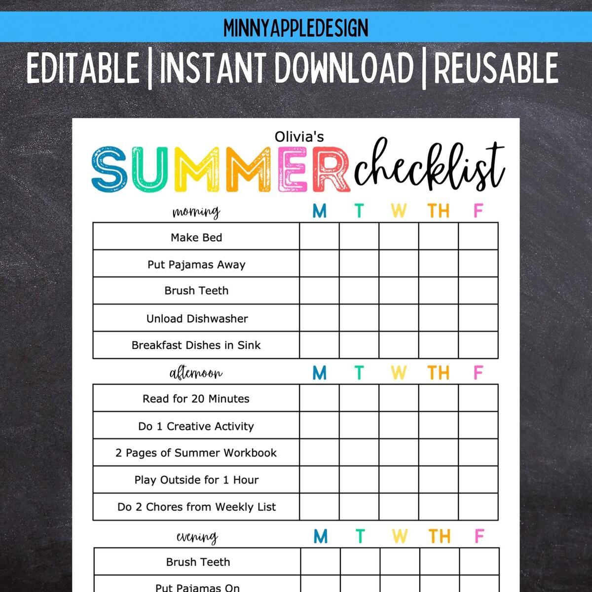 Girls Summer Reward Chart Beach Theme Chore Behavior Tracker Digital Download Etsy