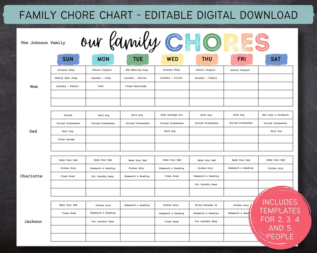 Printable Editable Weekly Family Chore Chart Family Planner Weekly Household Calendar Family Routine Chart Kids Chore 612MD Etsy Family Chore Chart Printable For Household Management