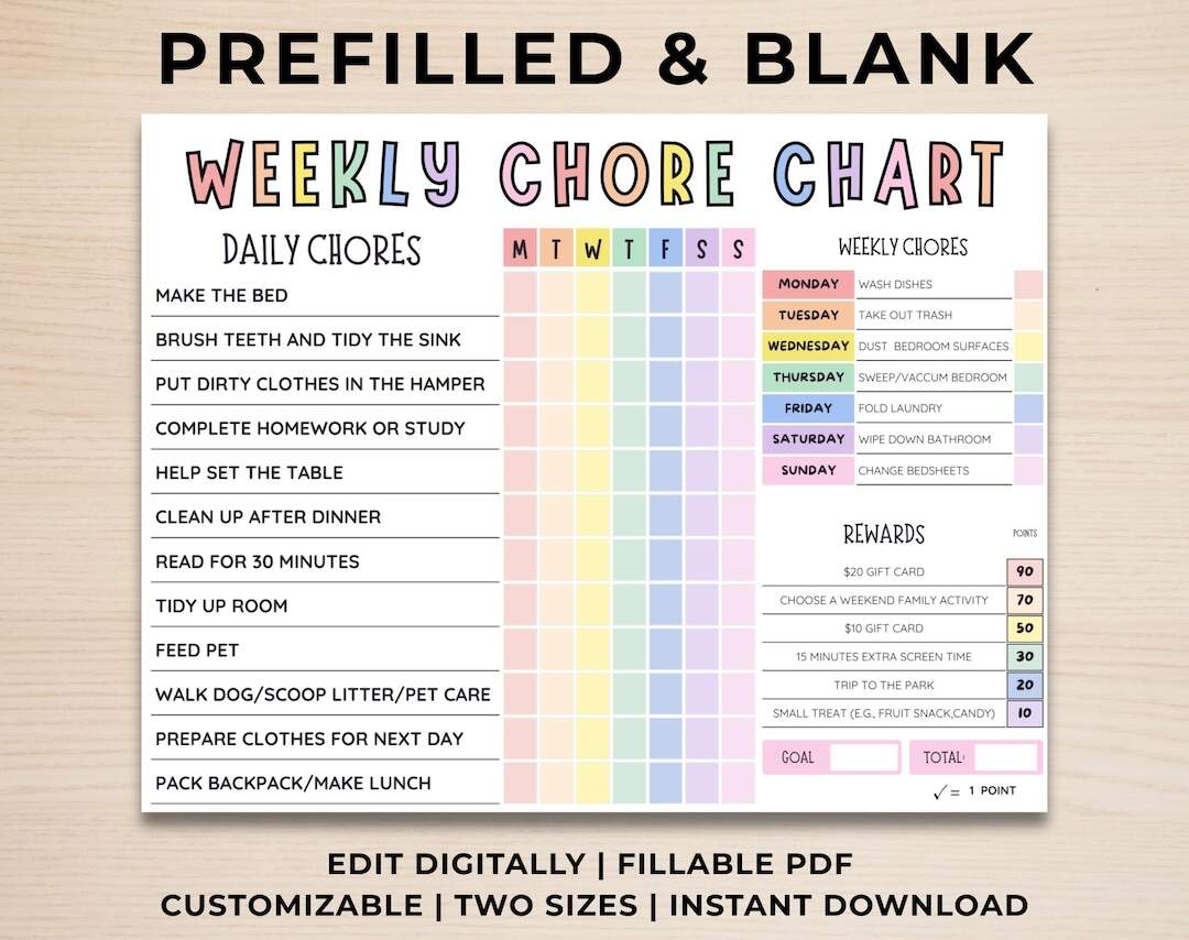 Printable Kids Chore Chart Weekly Responsibility List Editable PDF Etsy Printable Kids Chore Chart Weekly Responsibility List Editable PDF Etsy