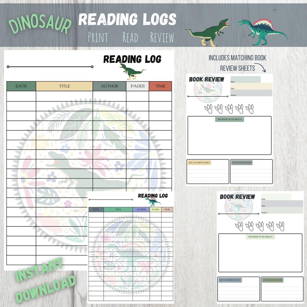 Printable Reading Log For Kids Book Review Sheets Dinosaur Book Log Tracker Etsy