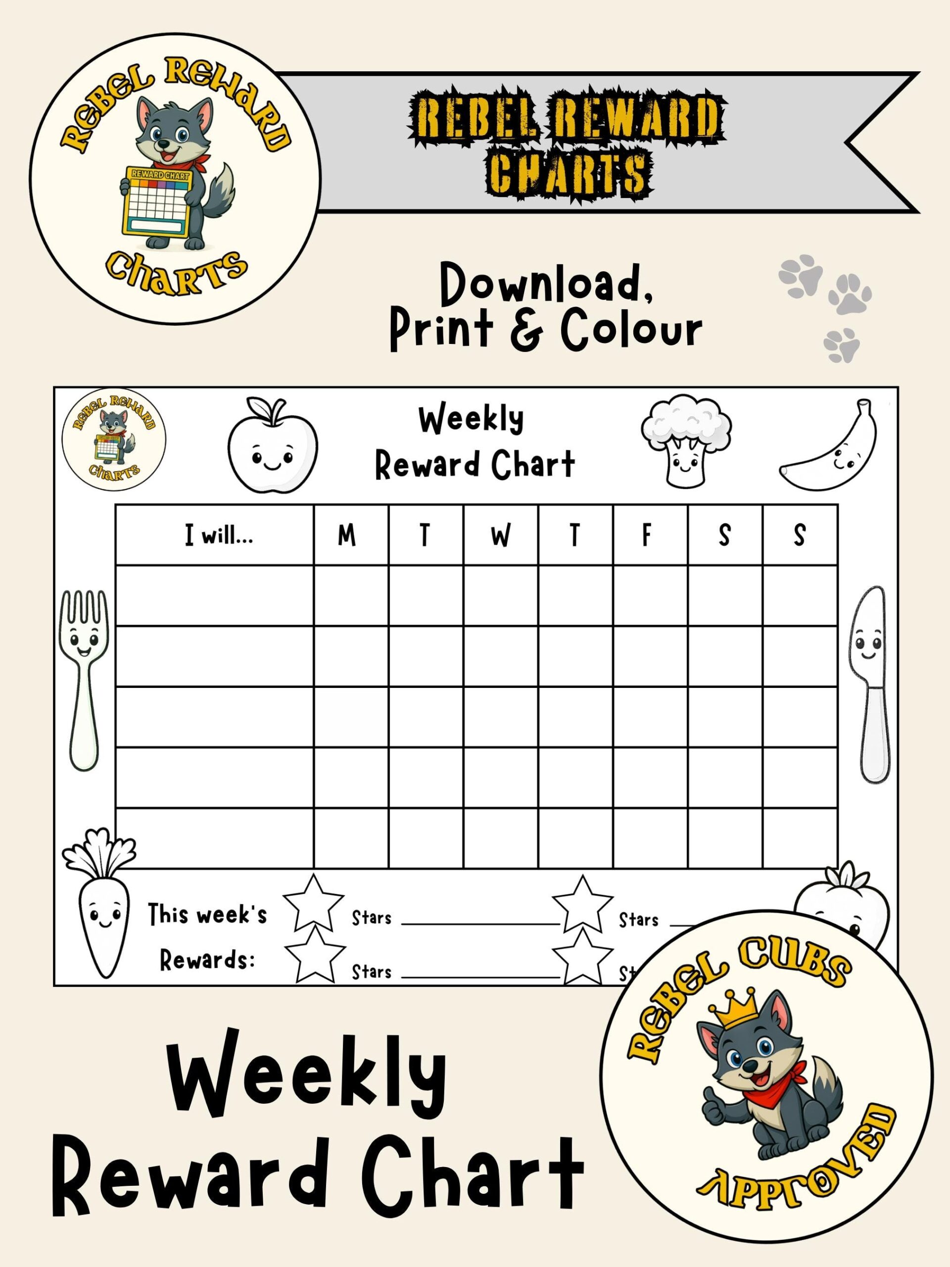 Printable Reward Charts For Kids Colour Your Own Set Of 6 Potty Training Chores Reading Friendly Foods Theme Rebel Cubs Approved Etsy