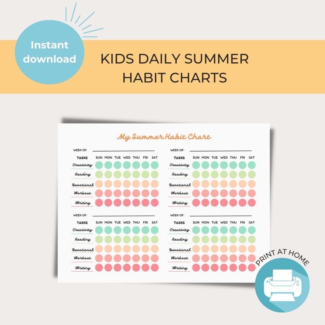 Printable Summer Habit Chart For Kids Weekly Monthly A4 PDF Etsy