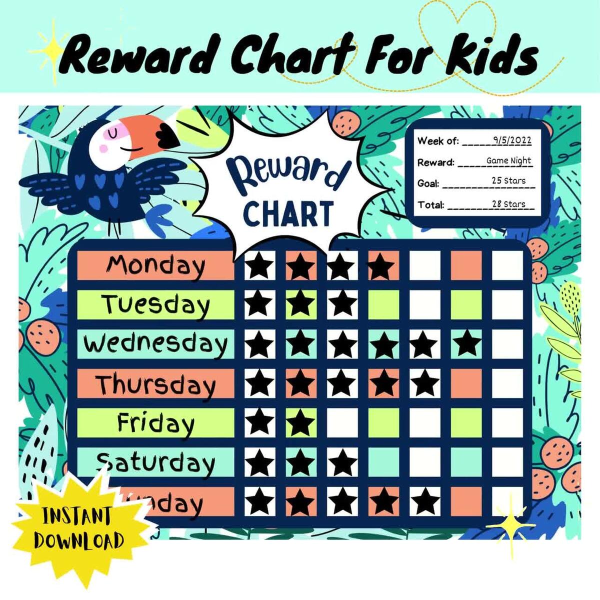 Reward Chart For Kids Toddlers Daycare And Classrooms Positive Behavior Reward System Home School Instant Digital Print Parrot Theme Etsy
