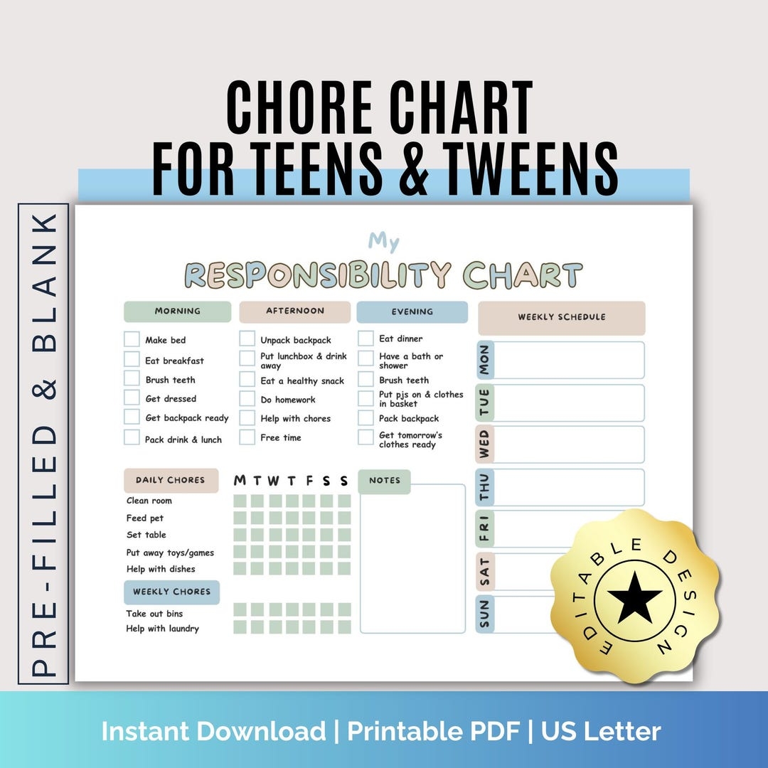 Teen Chore Chart Editable Responsibility Tracker Digital PDF Canva Etsy