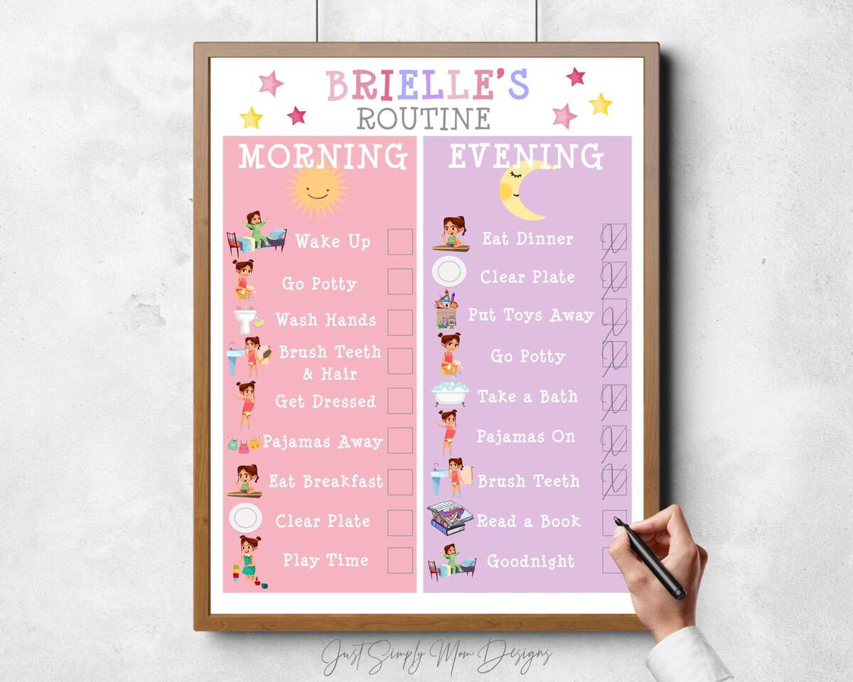 Toddler Girl Daily Routine Chart Checklist printable Morning Bedtime Chart download Print pink And Purple Motivation For Wake Up And Sleep Etsy