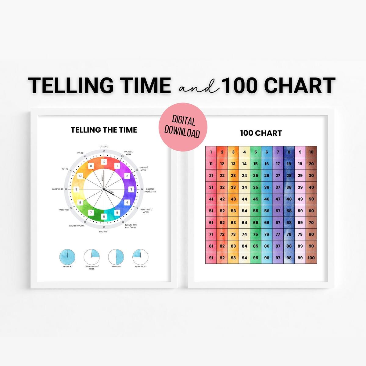 Watercolor Telling Time 100 Chart Posters Homeschool Printable Digital Download Etsy Israel