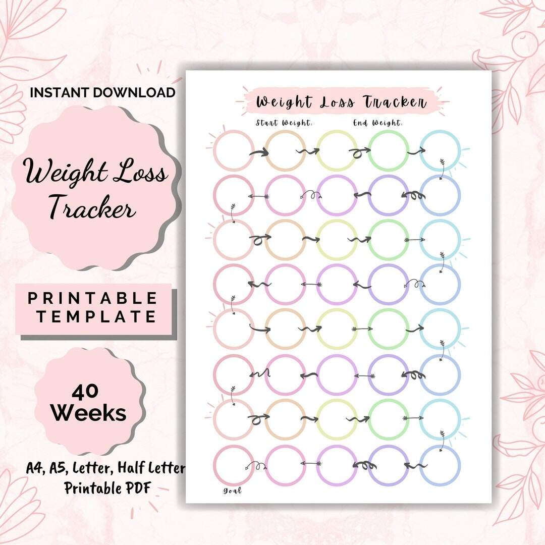 40 Week Weight Loss Tracker Printable Motivational Chart Digital Download Etsy