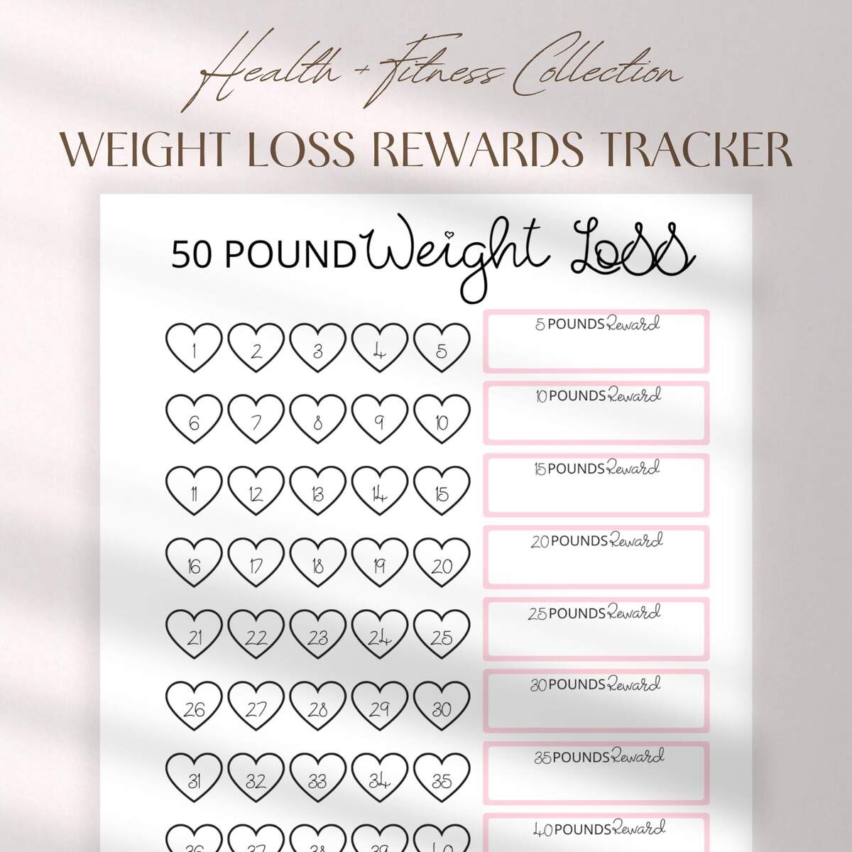 50 Pound Weight Loss Tracker Printable Pink Rewards Chart Digital Download Etsy