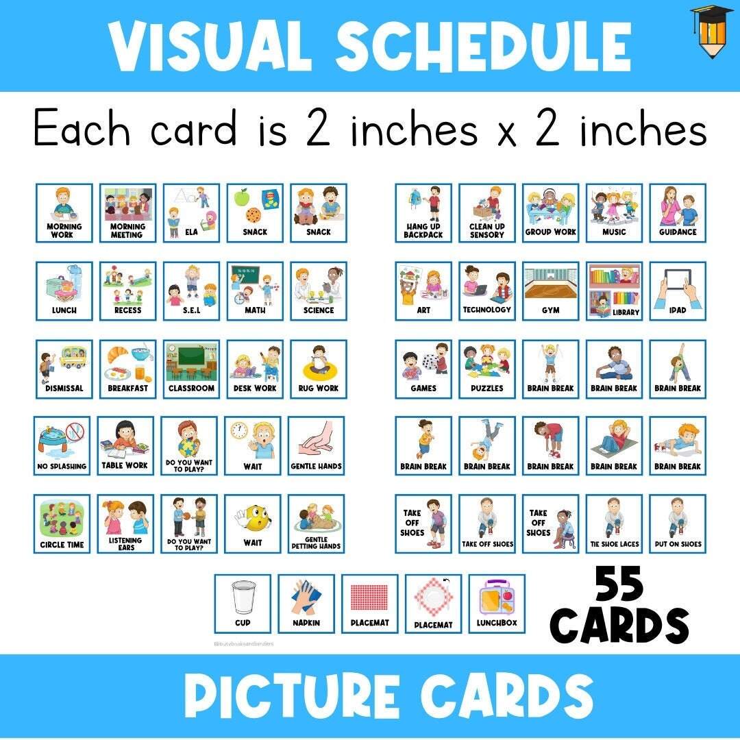 55 PICTURE CARDS Class Schedule First Then Board Visual Aid Schedule Toddler Behavior Chart Task Card Special Needs Autism