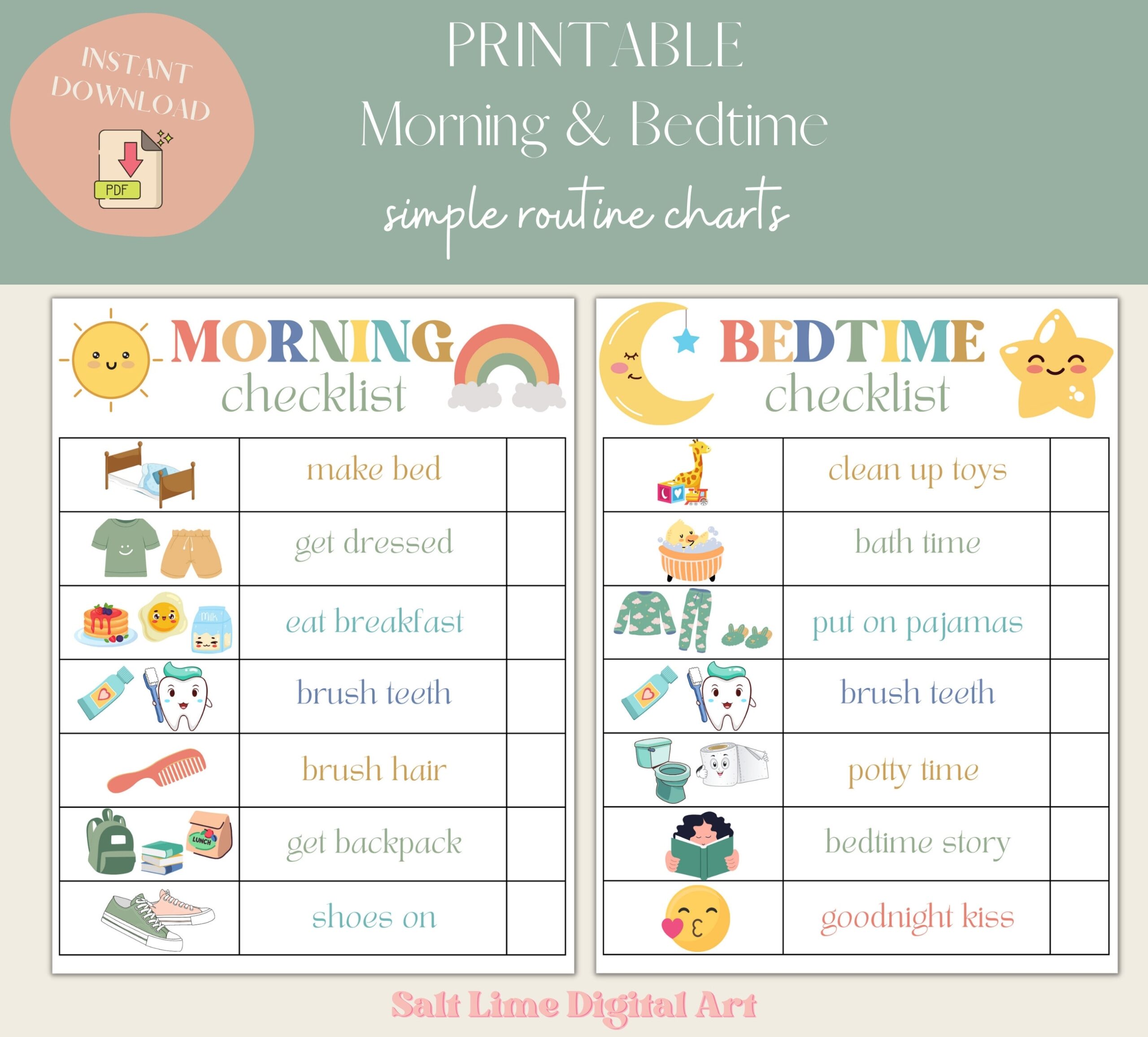 Bedtime Routine For Kids Morning Routine Checklist Printable Responsibility Chart Kids Chart Instant Digital Download PDF Etsy Finland