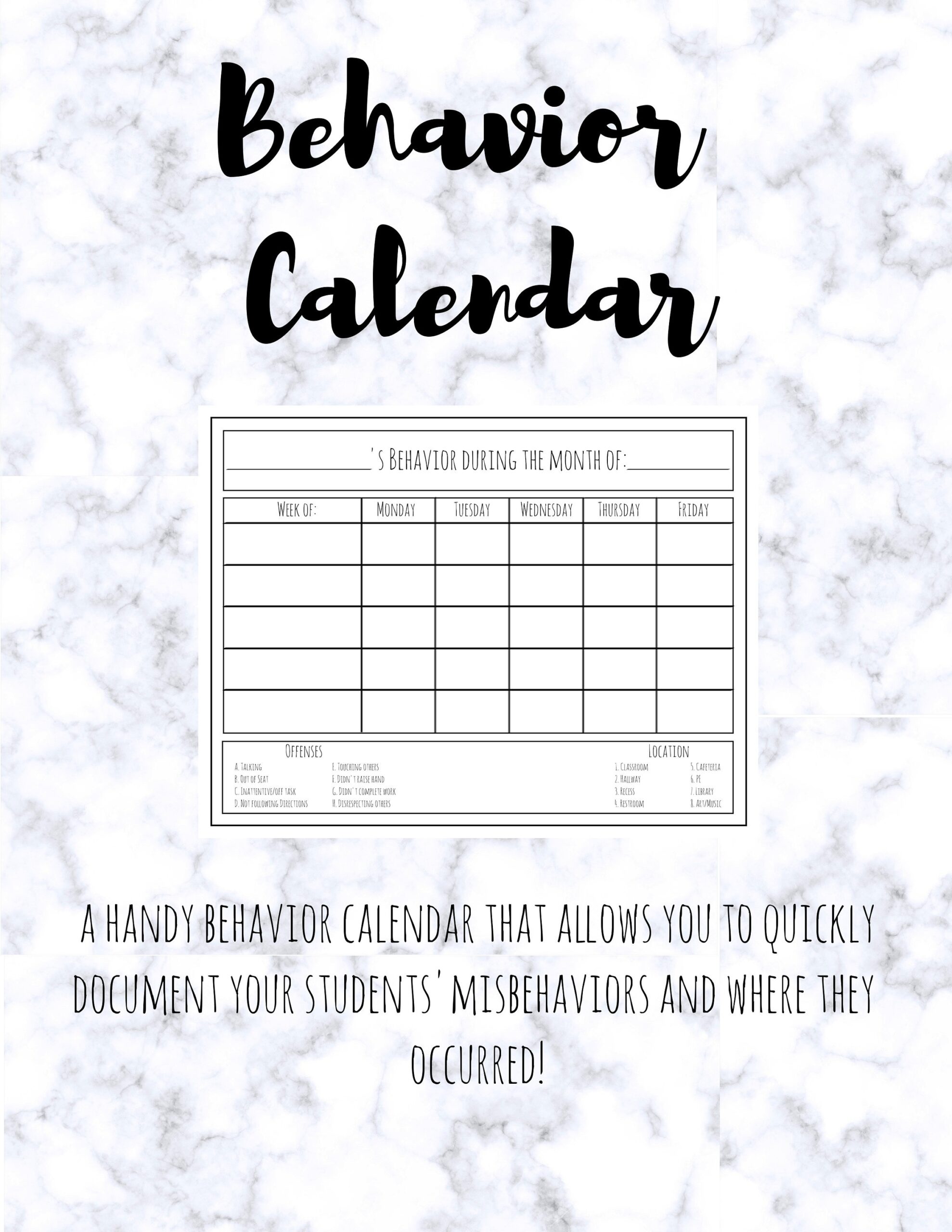Behavior Calendar PRINTABLE Classroom Behavior Chart For Classroom Management Etsy