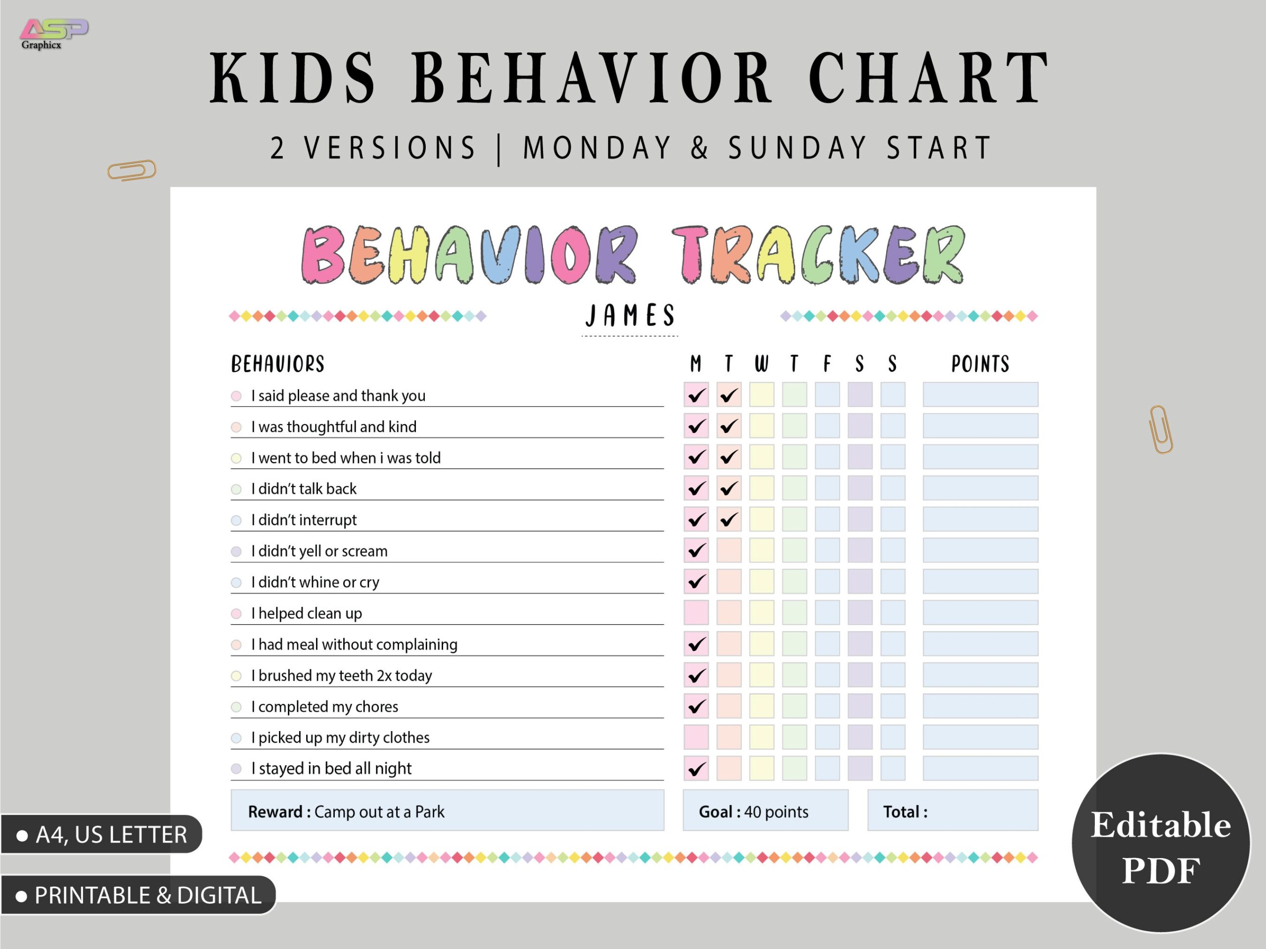 Behavior Reward Chart For Kids Editable Digital PDF Good Behavior Tracking Children Behavior Chart Home And Classroom Etsy