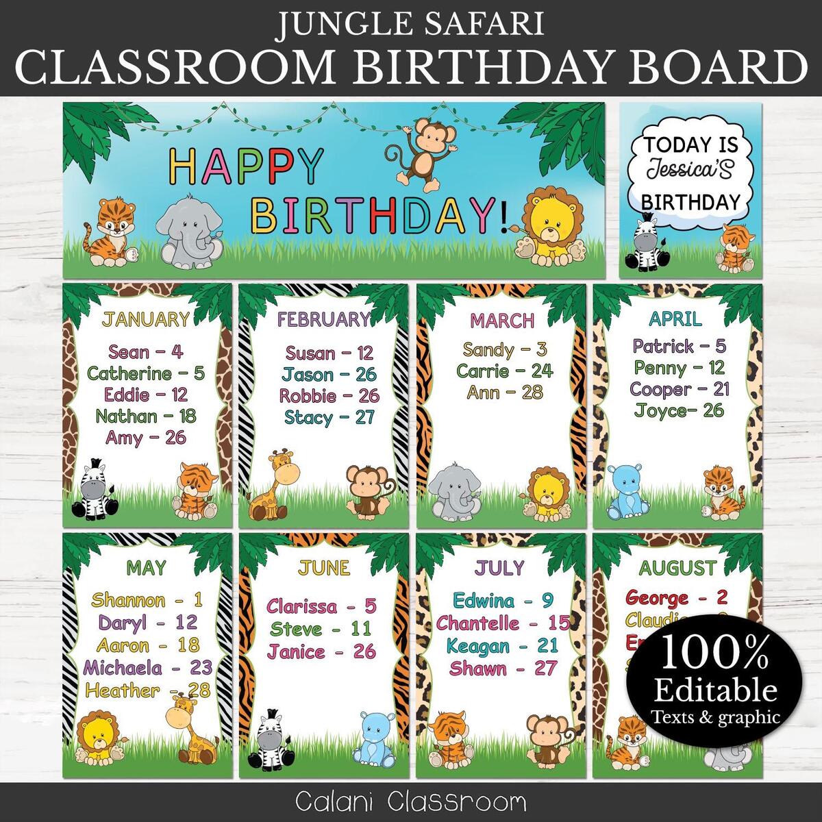 Birthday Board For Classroom Decor In Jungle Safari Theme Editable Digital Download Etsy Safari Theme Classroom Decor Jungle Safari Animal Birthday Bulletin Board Set Classroom Decor With Monthly Cutouts Borders Teacher Supplies