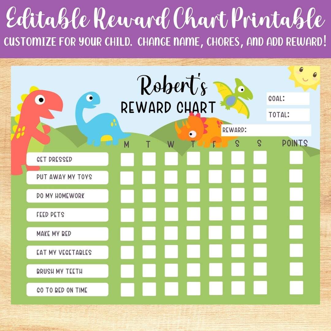 Chore Chart For Kids Printable Dinosaur Reward Behavior Responsibility Chart Editable Template Etsy