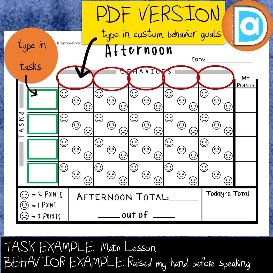 Editable Daily Behavior Chart Self Monitoring Task And Goal Based With Scoring Classful